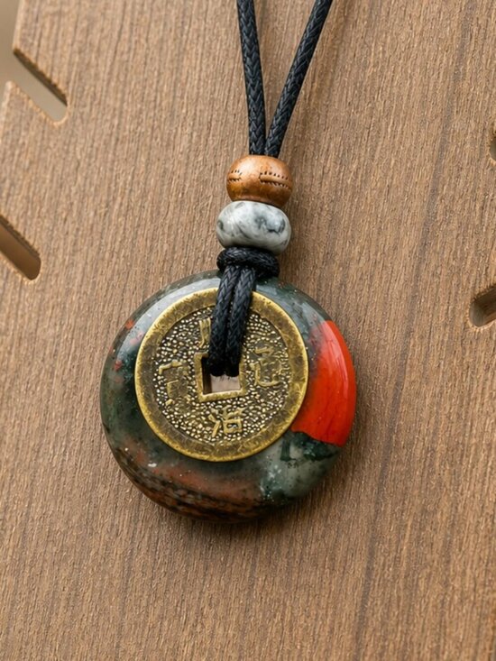Artisan Jewelry - African Bloodstone & Lucky Coin Pendant Necklace | Handmade